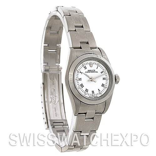 This image shows a Rolex Oyster Perpetual 76080 Women's Stainless Steel White Dial 76080 Women's Stainless Steel White Dial watch viewed from an angled side perspective, highlighting the dial, bezel, and bracelet.