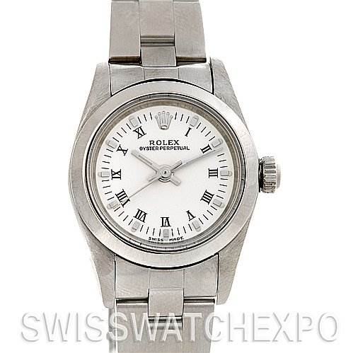 The Rolex Oyster Perpetual 76080 Women's Stainless Steel White Dial 76080 Women's Stainless Steel White Dial watch is shown from a front angle, displaying its face, bezel, and stainless steel bracelet.