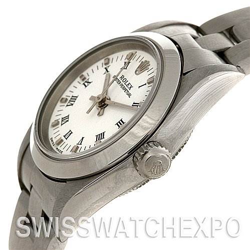 The image shows a Rolex Oyster Perpetual 76080 Women's Stainless Steel White Dial 76080 Women's Stainless Steel White Dial watch from an angled side view, highlighting the dial, crown, and part of the bracelet.
