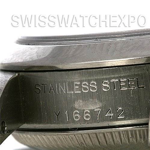 The image shows a close-up side view of the stainless steel case of a Rolex Oyster Perpetual 76080 Women's Stainless Steel White Dial 76080 Women's Stainless Steel White Dial watch, displaying the serial number Y166742.