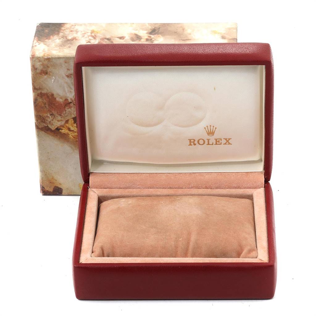 This image shows an open display box for the Rolex Oyster Perpetual 67193 Women's Steel and Gold (two tone) Champagne Dial 67193 Women's Steel and Gold (two tone) Champagne Dial model, with beige interior padding and the Rolex logo inside the lid.
