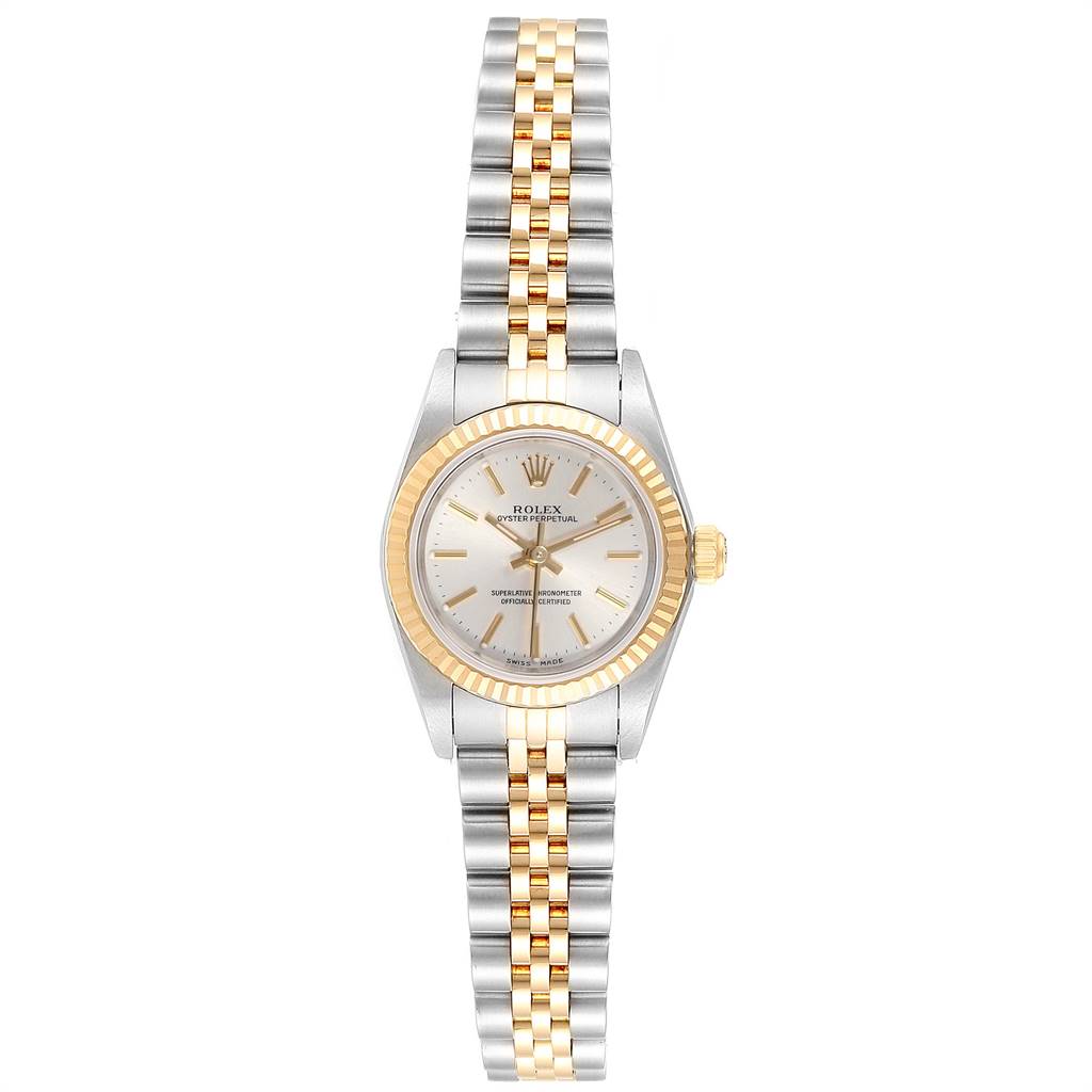 The image shows a front view of the Rolex Oyster Perpetual 76193 Women's Steel and Gold (two tone) Silver Dial 76193 Women's Steel and Gold (two tone) Silver Dial watch, highlighting its two-tone bracelet, dial, and fluted bezel.