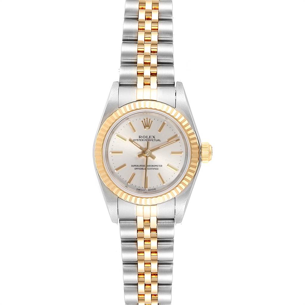 This image shows a Rolex Oyster Perpetual 76193 Women's Steel and Gold (two tone) Silver Dial 76193 Women's Steel and Gold (two tone) Silver Dial watch from a front angle, displaying the dial, bezel, and two-tone bracelet.