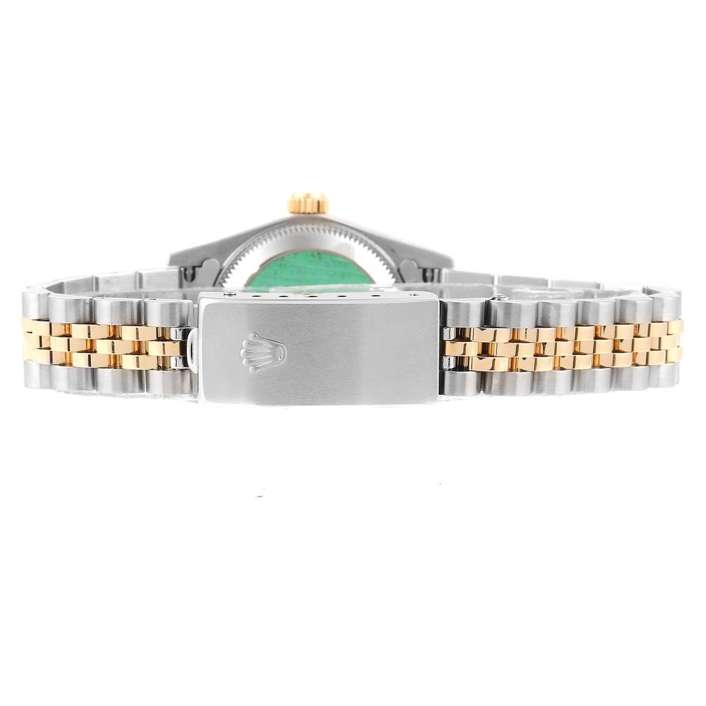 This image shows the clasp and bracelet of the Rolex Oyster Perpetual 76193 Women's Steel and Gold (two tone) Silver Dial 76193 Women's Steel and Gold (two tone) Silver Dial watch, featuring a two-tone metal design.