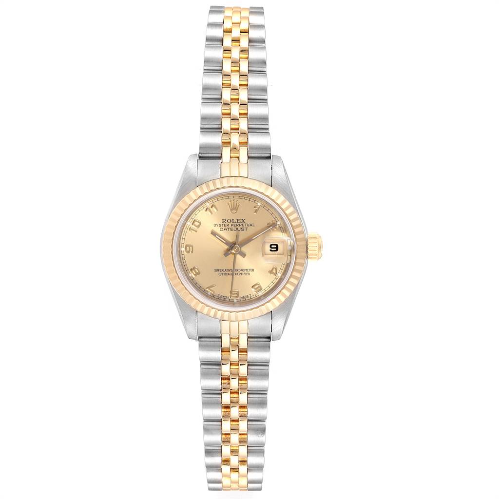 This Rolex Oyster Perpetual 69173 Women's Stainless Steel Champagne Dial 69173 Women's Stainless Steel Champagne Dial watch is shown from a top-down angle, revealing its face, bezel, bracelet, and crown.