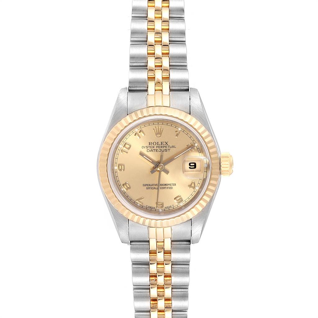 The image shows a frontal view of a Rolex Oyster Perpetual 69173 Women's Stainless Steel Champagne Dial 69173 Women's Stainless Steel Champagne Dial Datejust watch with a gold and stainless steel bracelet and a gold dial.