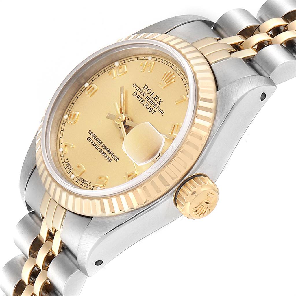 This image shows a close-up angle of the Rolex Oyster Perpetual 69173 Women's Stainless Steel Champagne Dial 69173 Women's Stainless Steel Champagne Dial Datejust, displaying the dial, crown, and part of the bracelet.