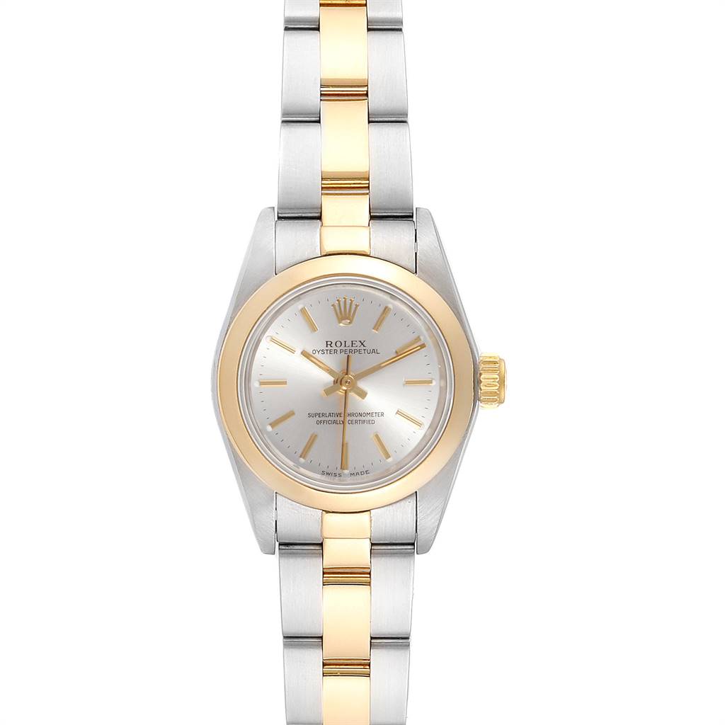The image shows a front view of a Rolex Oyster Perpetual 67183 Women's Steel and Gold (two tone) Silver Dial 67183 Women's Steel and Gold (two tone) Silver Dial watch featuring a silver and gold two-tone bracelet and dial.