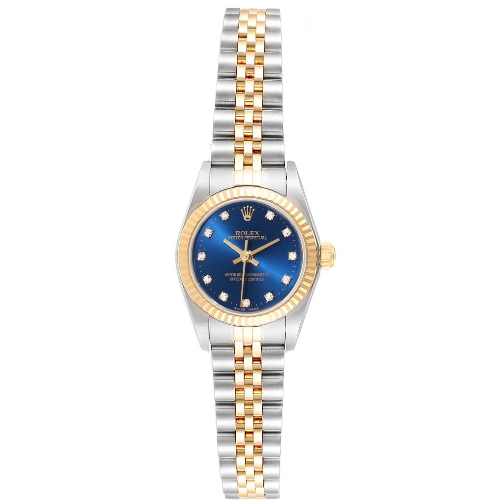 This image shows a front view of the Rolex Oyster Perpetual 76193 Women
s Steel and Gold (two tone) Blue Dial 76193 Women
s Steel and Gold (two tone) Blue Dial model, highlighting the watch
s face, bezel, and bracelet.