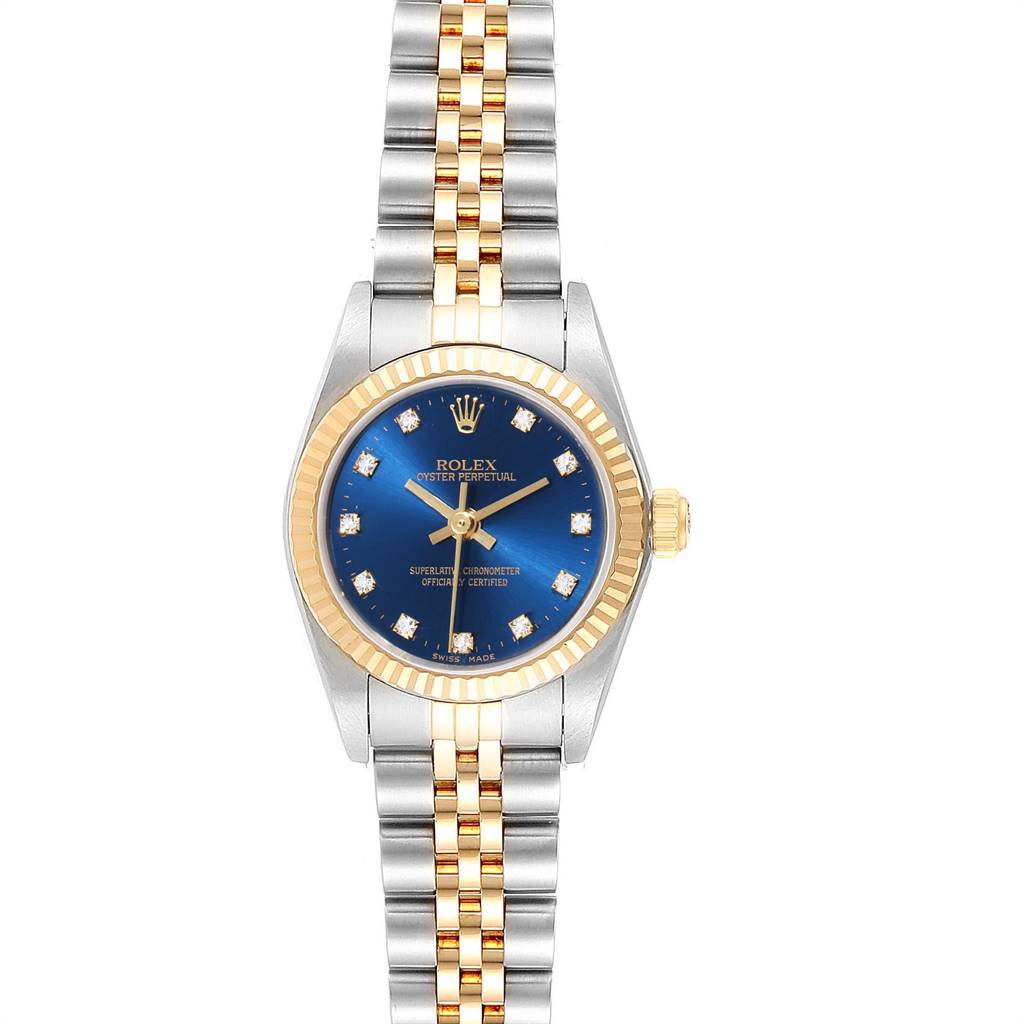 The Rolex Oyster Perpetual 76193 Women
s Steel and Gold (two tone) Blue Dial 76193 Women
s Steel and Gold (two tone) Blue Dial watch is shown from the front, displaying its full face, bezel, crown, and bracelet.