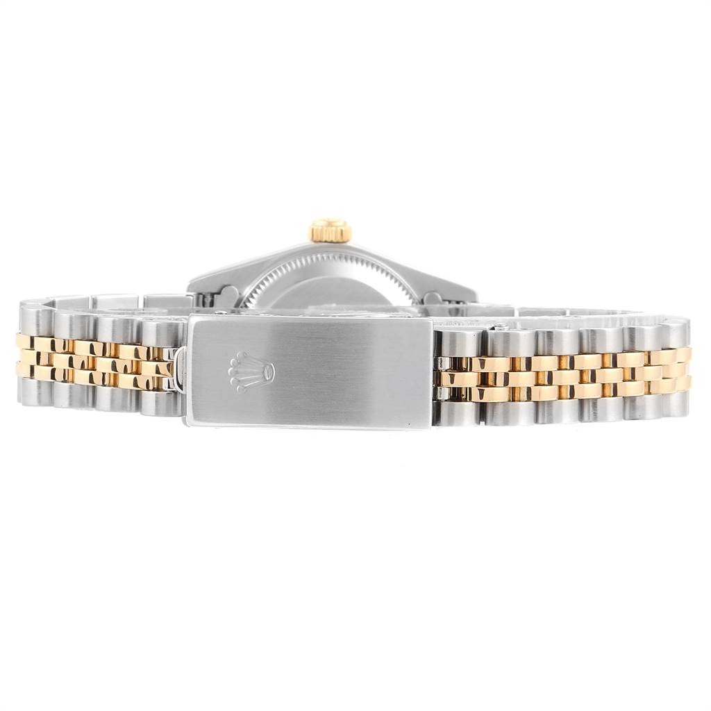 The image shows the clasp and bracelet of a Rolex Oyster Perpetual 76193 Women
s Steel and Gold (two tone) Blue Dial 76193 Women
s Steel and Gold (two tone) Blue Dial watch, viewed from the back.