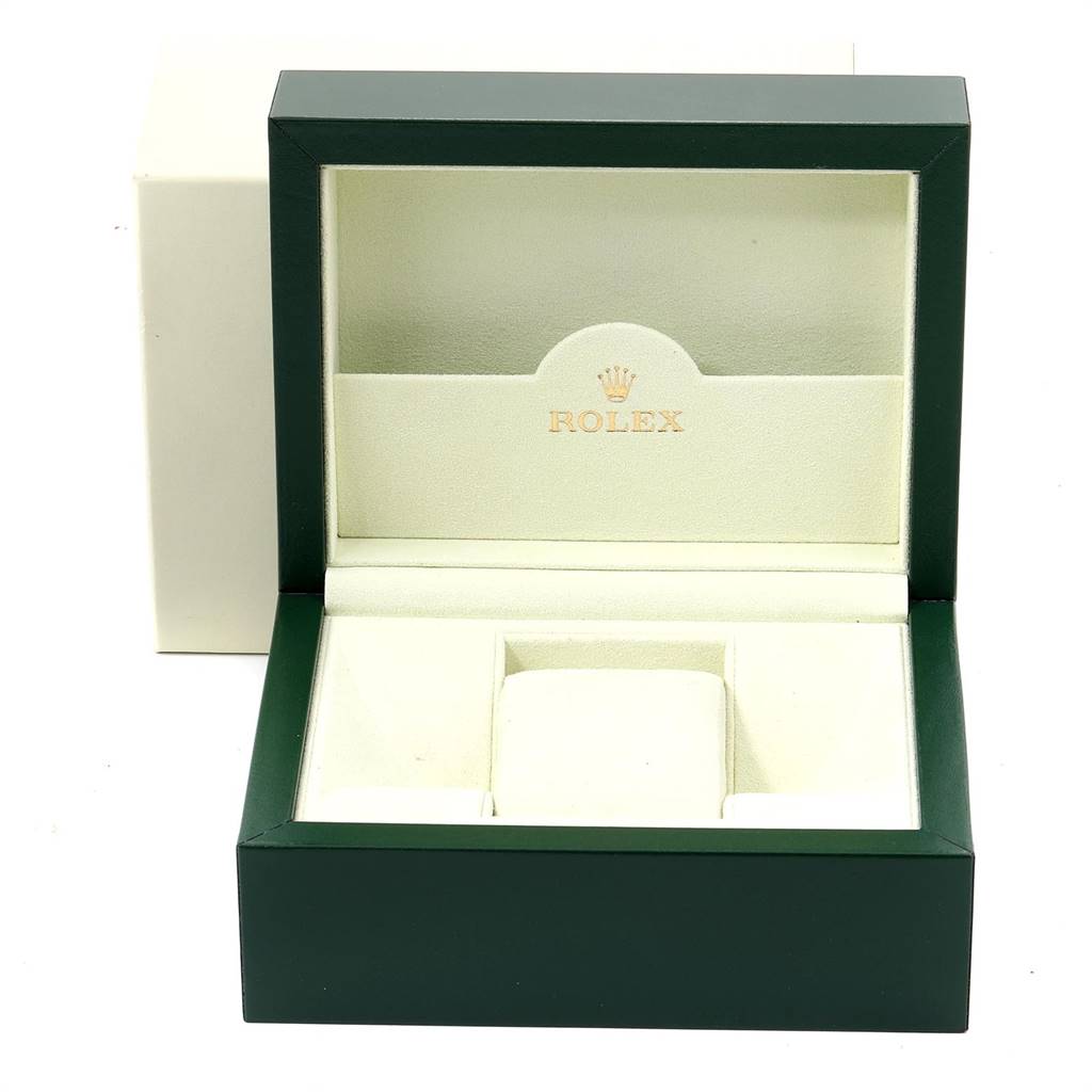 This is an empty Rolex Oyster Perpetual 176200 Women's Stainless Steel Silver Dial 176200 Women's Stainless Steel Silver Dial watch box, shown from a front angle with an open lid.