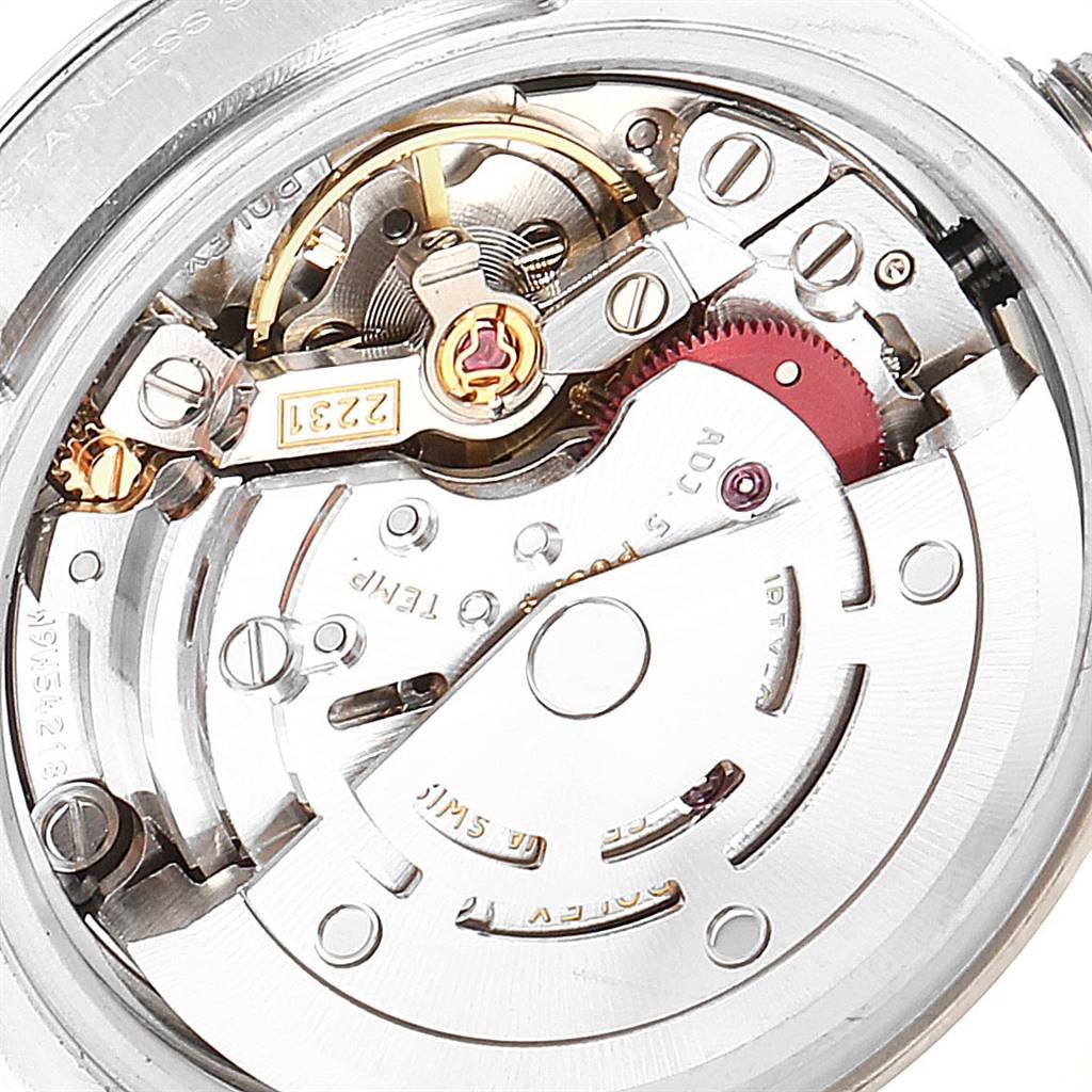 This image shows the internal movement mechanism of a Rolex Oyster Perpetual 176200 Women's Stainless Steel Silver Dial 176200 Women's Stainless Steel Silver Dial watch from a close-up angle.