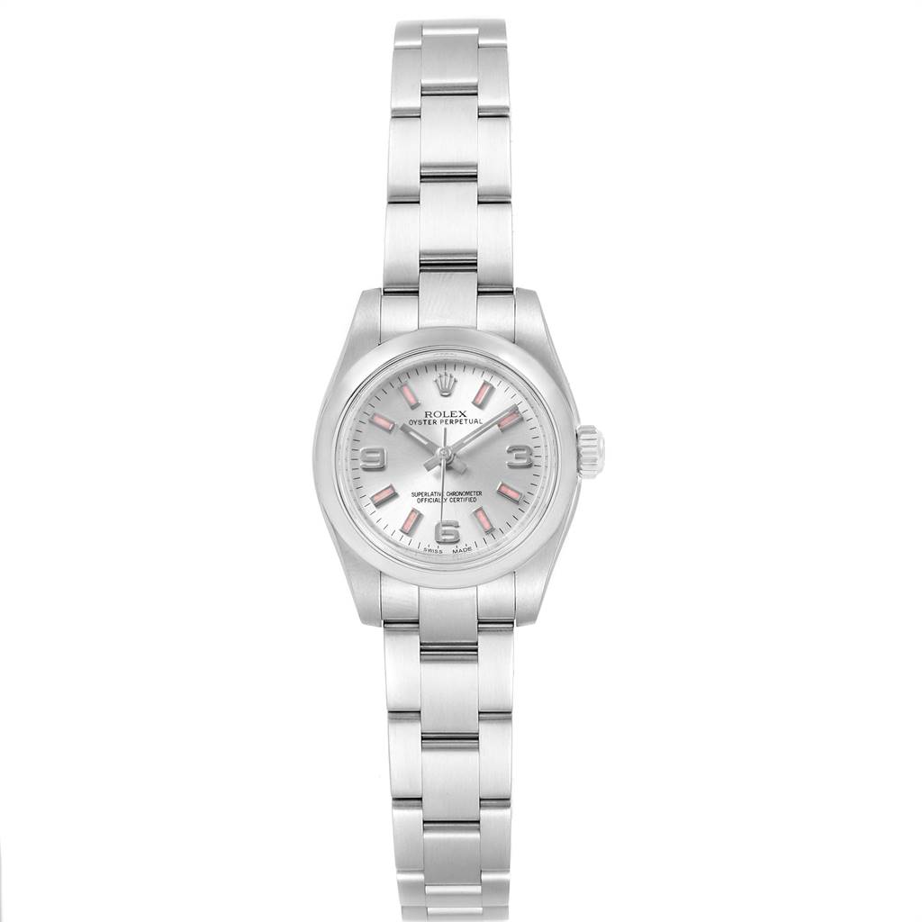 This Rolex Oyster Perpetual 176200 Women's Stainless Steel Silver Dial 176200 Women's Stainless Steel Silver Dial watch is shown from a front angle, displaying the entire face and bracelet.