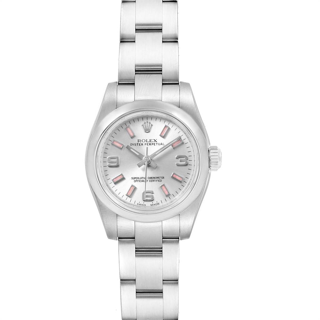 This image shows a front-facing view of a Rolex Oyster Perpetual 176200 Women's Stainless Steel Silver Dial 176200 Women's Stainless Steel Silver Dial watch, displaying the dial, hands, bracelet, and crown.