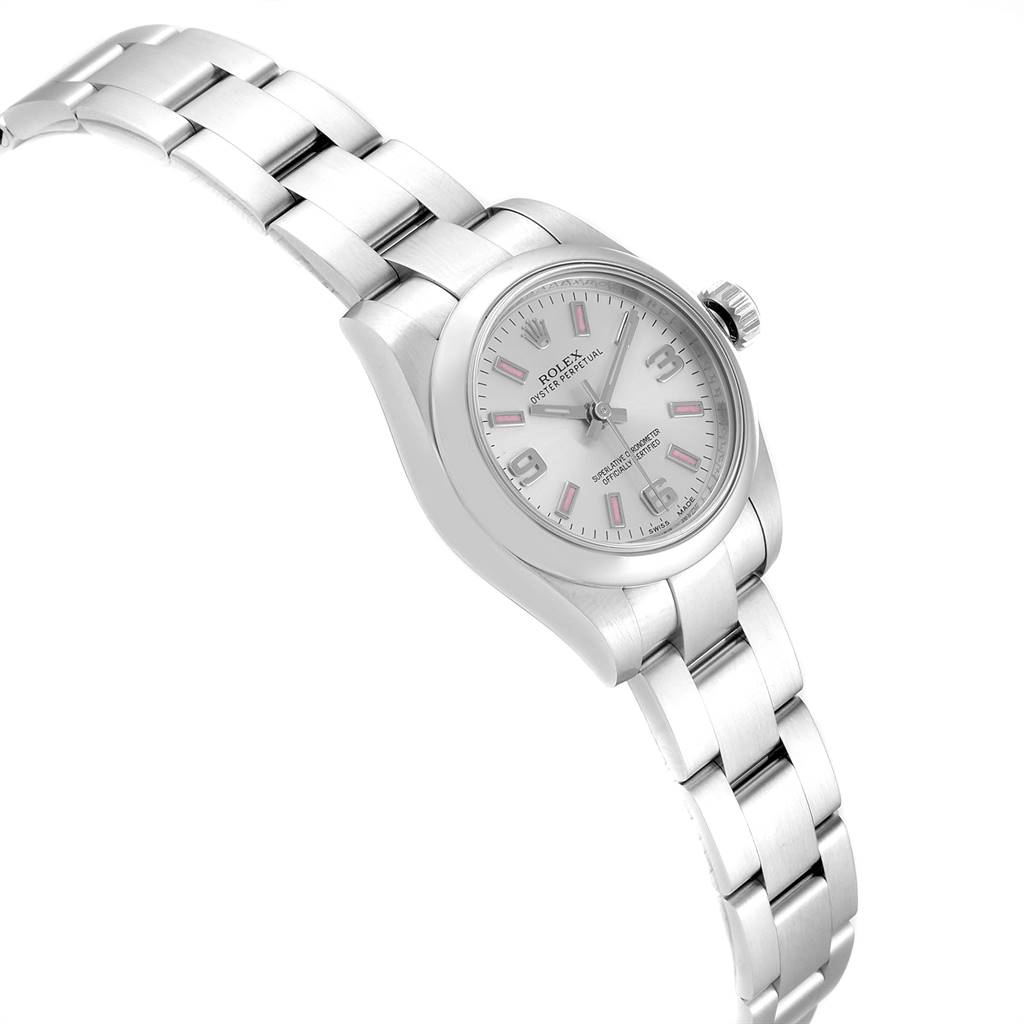 The image shows a side and partial top view of a Rolex Oyster Perpetual 176200 Women's Stainless Steel Silver Dial 176200 Women's Stainless Steel Silver Dial watch, highlighting its silver bracelet and dial.