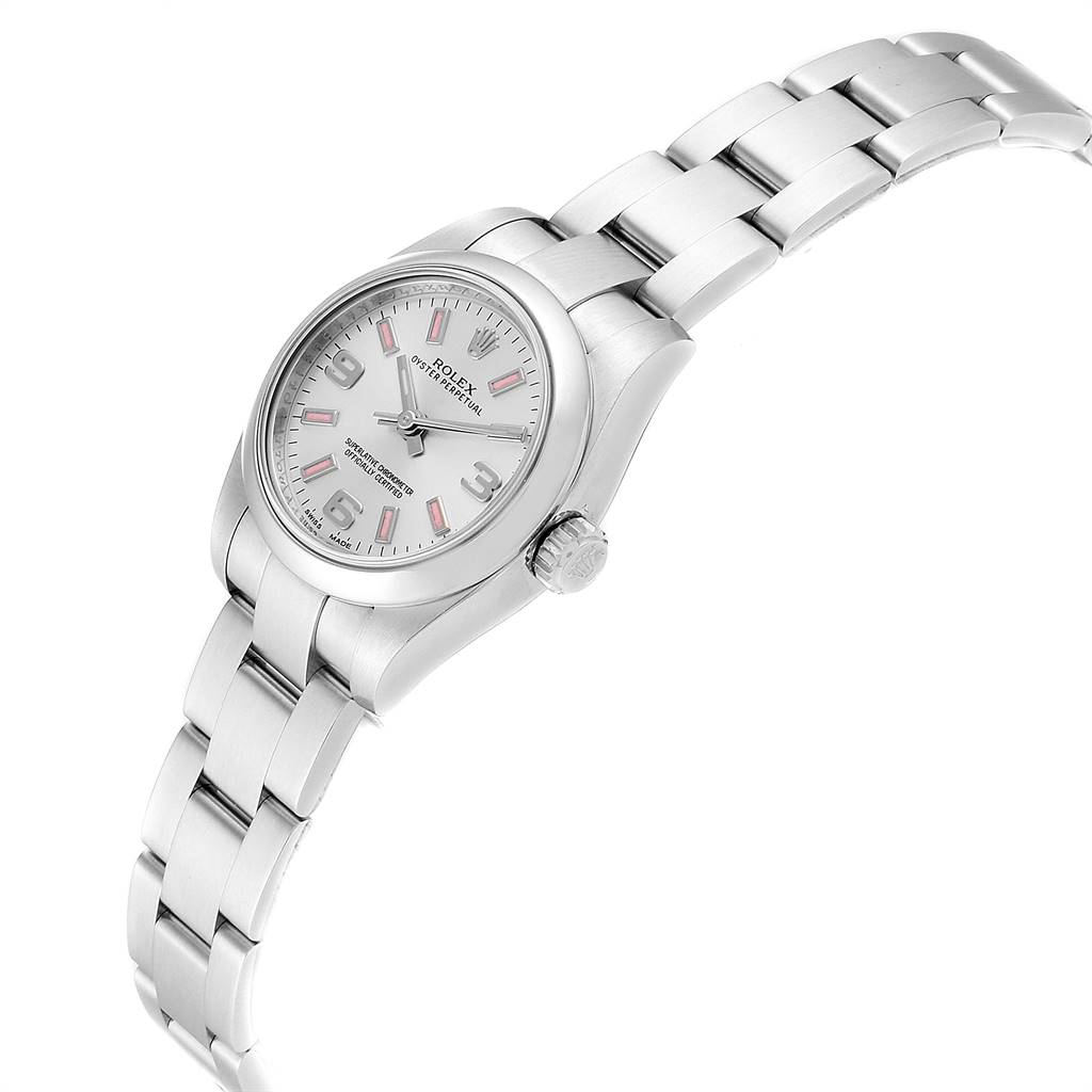 The Rolex Oyster Perpetual 176200 Women's Stainless Steel Silver Dial 176200 Women's Stainless Steel Silver Dial watch is shown at an oblique angle, displaying the bracelet, case, crown, and dial with hour markers.