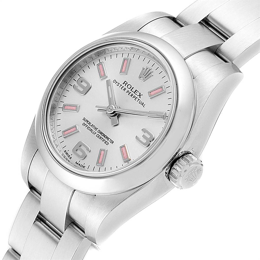 The image shows a close-up, angled view of the Rolex Oyster Perpetual 176200 Women's Stainless Steel Silver Dial 176200 Women's Stainless Steel Silver Dial watch, highlighting its face, bracelet, and crown.