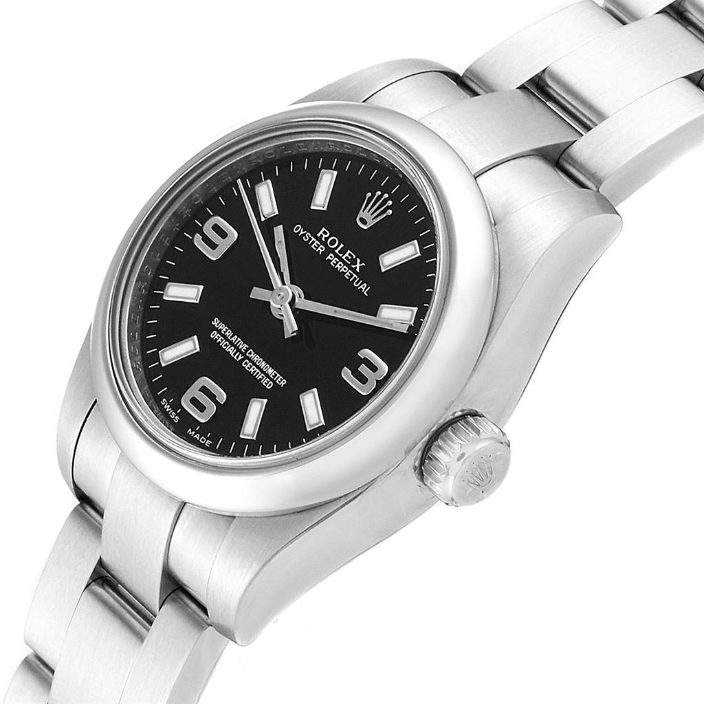 The image shows a side view of a Rolex Oyster Perpetual 176200 Women
s Stainless Steel Black Dial 176200 Women
s Stainless Steel Black Dial watch, highlighting its black dial, crown, and part of the bracelet.