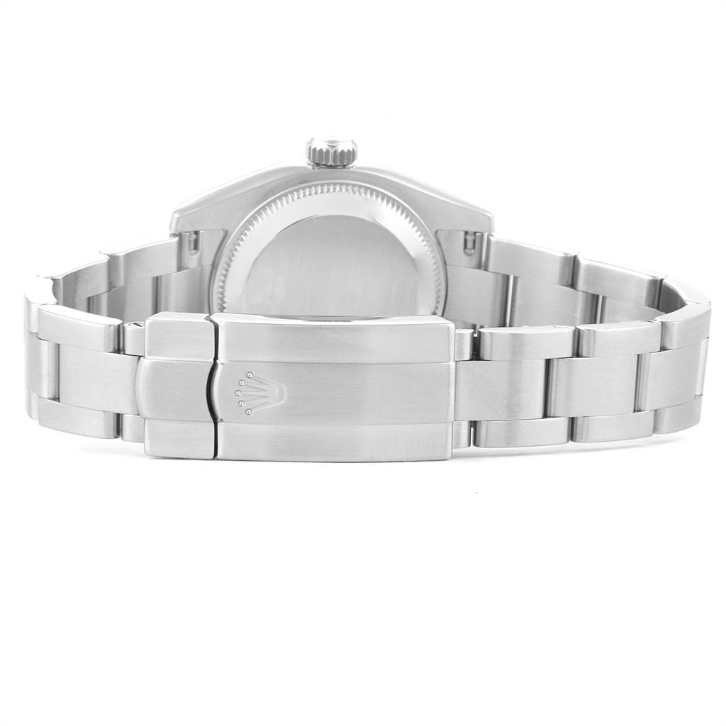 This image shows the back view of the Rolex Oyster Perpetual 176200 Women
s Stainless Steel Black Dial 176200 Women
s Stainless Steel Black Dial watch, highlighting the bracelet and clasp.