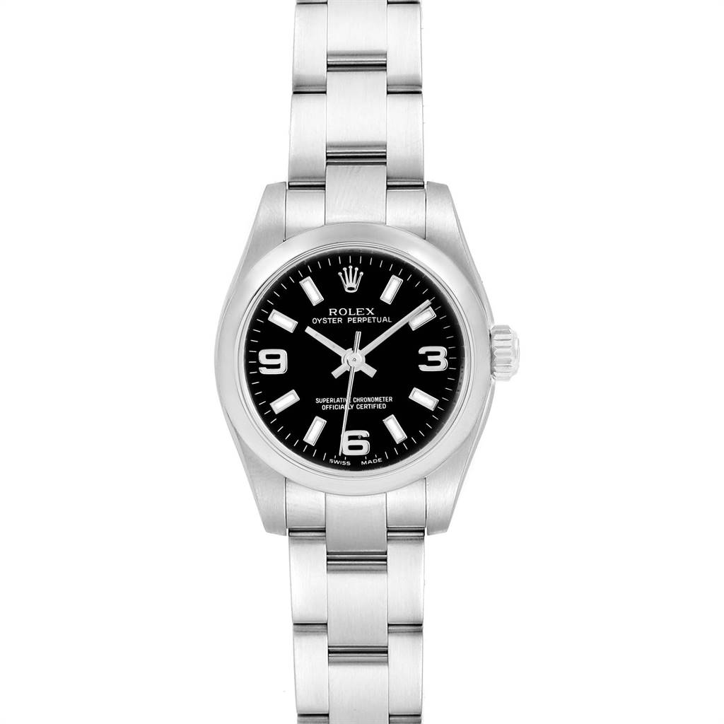The image shows a front view of a Rolex Oyster Perpetual 176200 Women
s Stainless Steel Black Dial 176200 Women
s Stainless Steel Black Dial watch, displaying its black dial, stainless steel case, and bracelet.