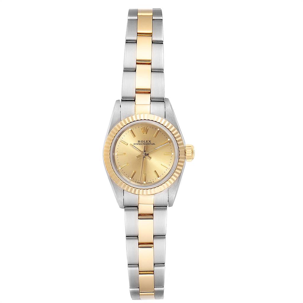 The Rolex Oyster Perpetual 67193 Women's Steel and Gold (two tone) Champagne Dial 67193 Women's Steel and Gold (two tone) Champagne Dial watch is shown from the front, displaying the gold and silver bracelet and the gold dial.