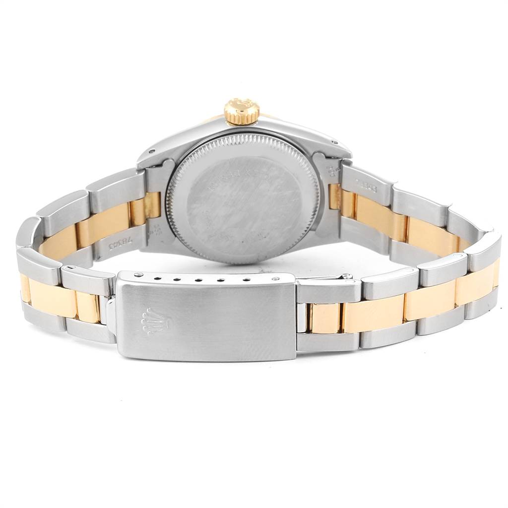 The image shows the back view of a Rolex Oyster Perpetual 67193 Women's Steel and Gold (two tone) Champagne Dial 67193 Women's Steel and Gold (two tone) Champagne Dial watch, highlighting the case, bracelet, and clasp.