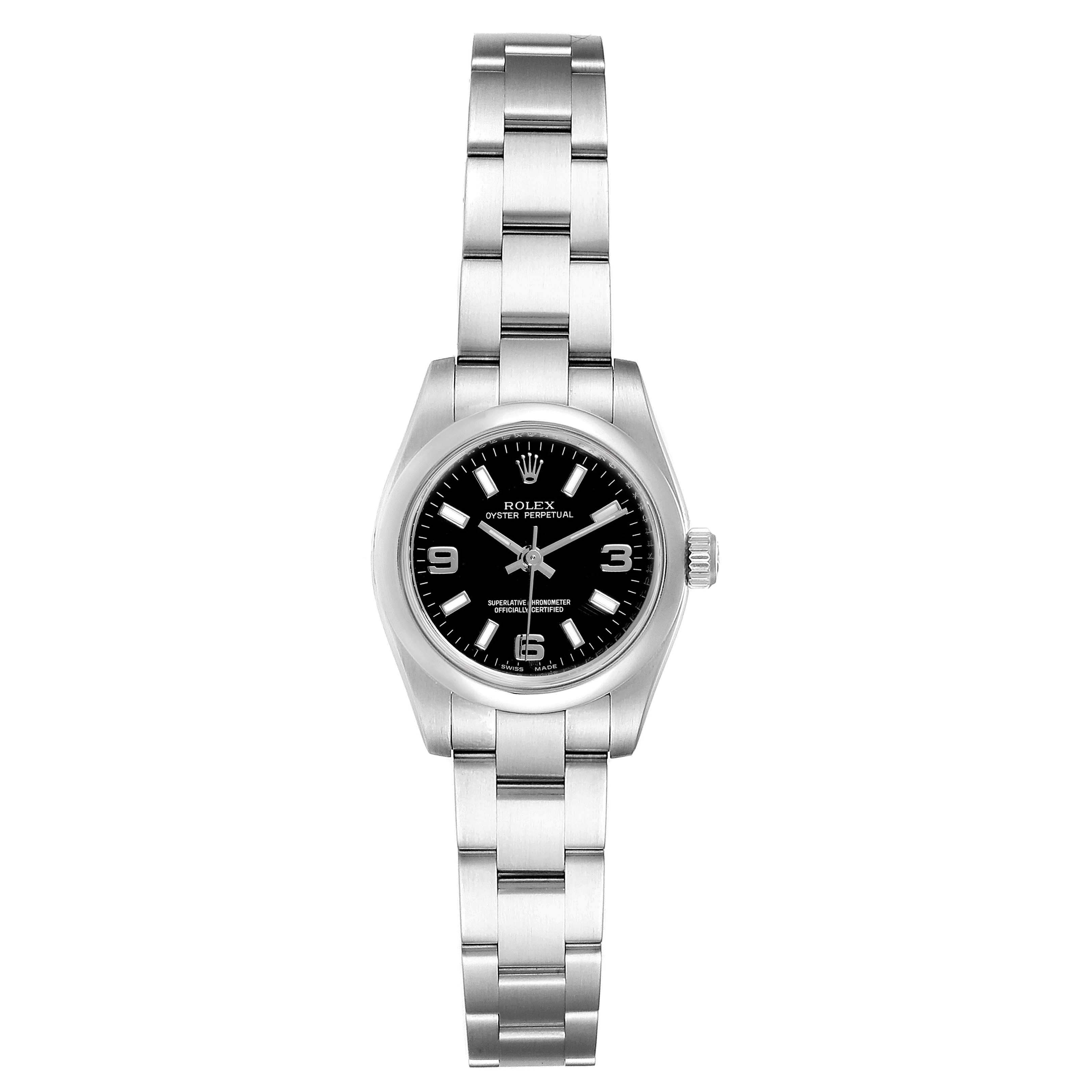 The image shows a Rolex Oyster Perpetual 176200 Women
s Stainless Steel Black Dial 176200 Women
s Stainless Steel Black Dial watch from the front, highlighting its black dial and stainless steel bracelet.