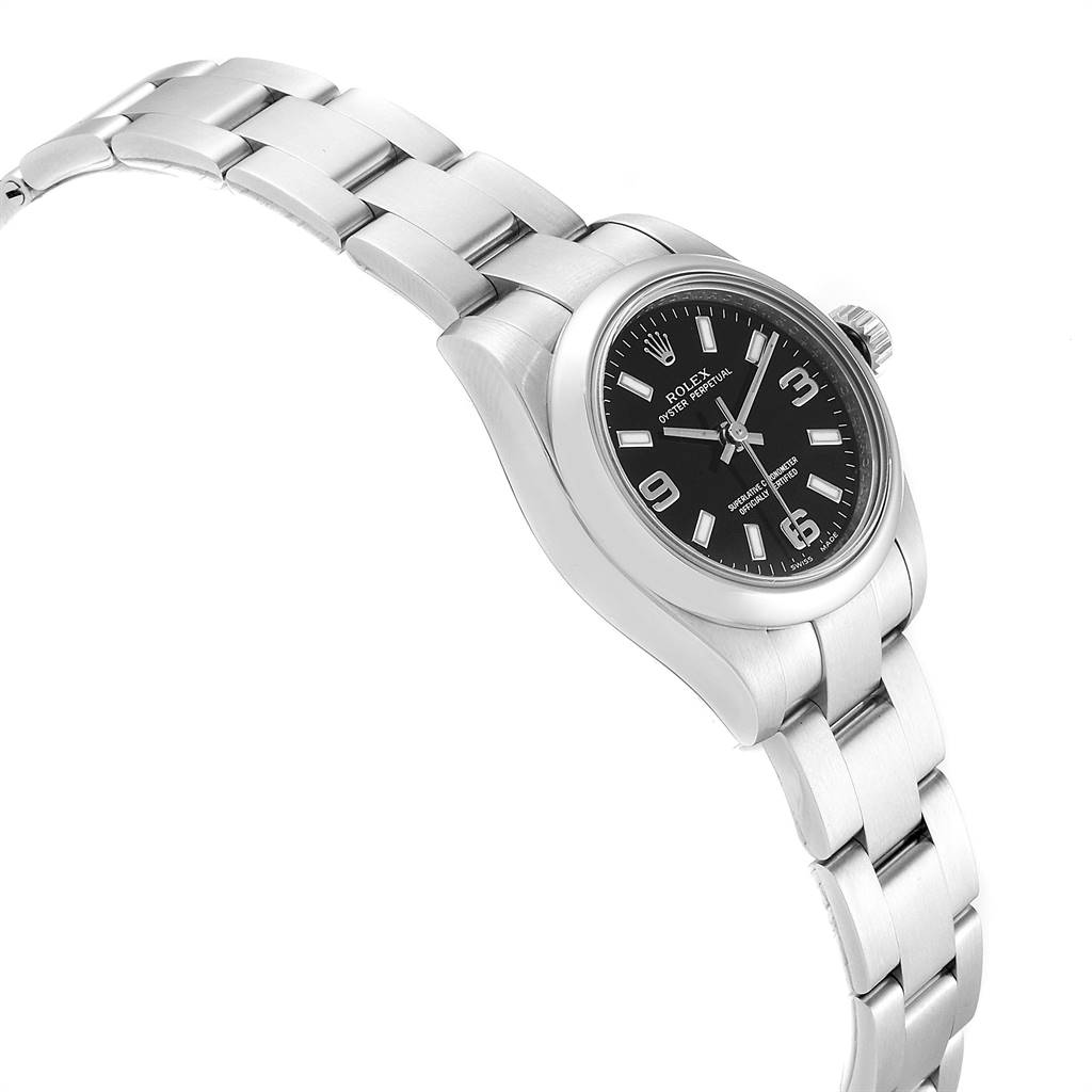 This image shows a side-angle view of a Rolex Oyster Perpetual 176200 Women
s Stainless Steel Black Dial 176200 Women
s Stainless Steel Black Dial watch, highlighting its black dial and stainless steel bracelet.