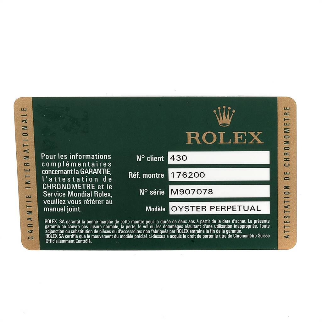 This image shows a guarantee card for a Rolex Oyster Perpetual 176200 Women
s Stainless Steel Black Dial 176200 Women
s Stainless Steel Black Dial watch, displaying model, reference, and serial numbers.