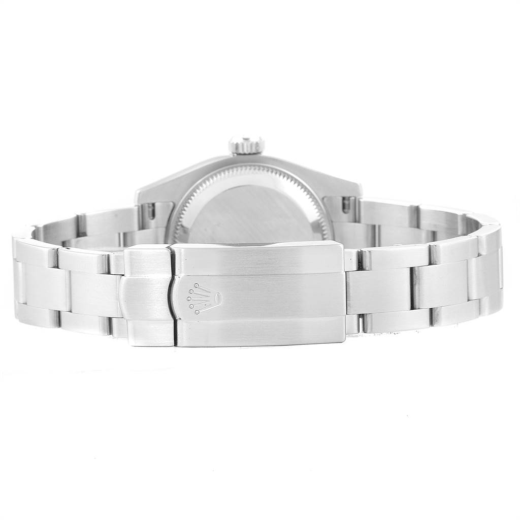 The image shows the back view of a Rolex Oyster Perpetual 176200 Women
s Stainless Steel Black Dial 176200 Women
s Stainless Steel Black Dial watch, highlighting the clasp and part of the bracelet.