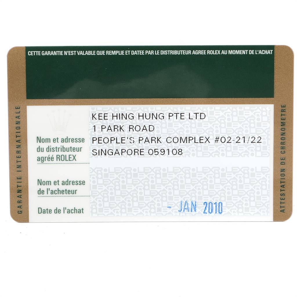 This image shows the warranty card for a Rolex Oyster Perpetual 176200 Women
s Stainless Steel Black Dial 176200 Women
s Stainless Steel Black Dial model, featuring distributor and purchase details.