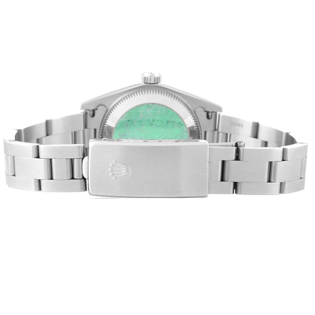 The image shows the back view of the Rolex Oyster Perpetual 76080 Women's Stainless Steel Pink Dial 76080 Women's Stainless Steel Pink Dial watch, focusing on the clasp and bracelet.