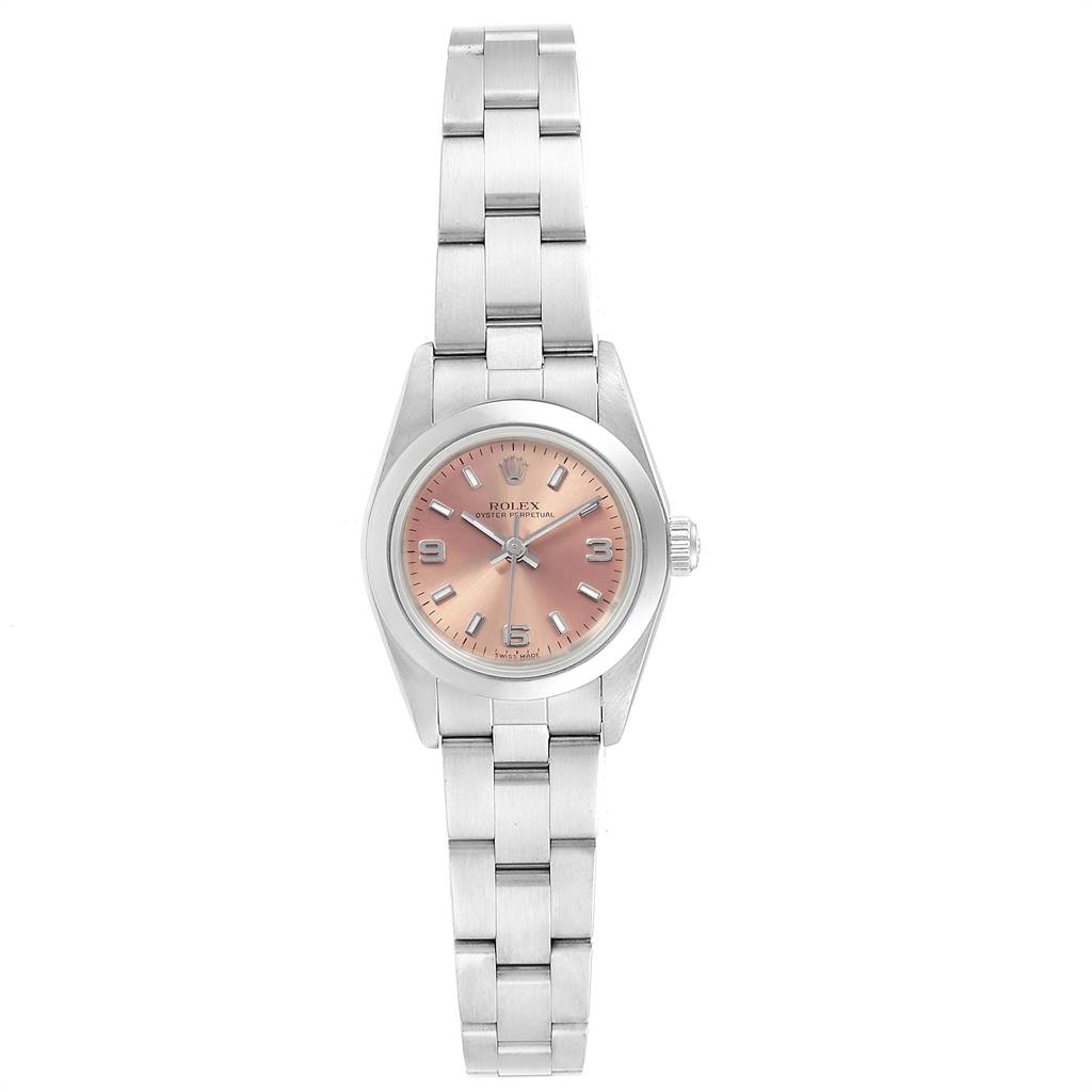 This image shows a front view of a Rolex Oyster Perpetual 76080 Women's Stainless Steel Pink Dial 76080 Women's Stainless Steel Pink Dial watch with a pink dial and stainless steel band.