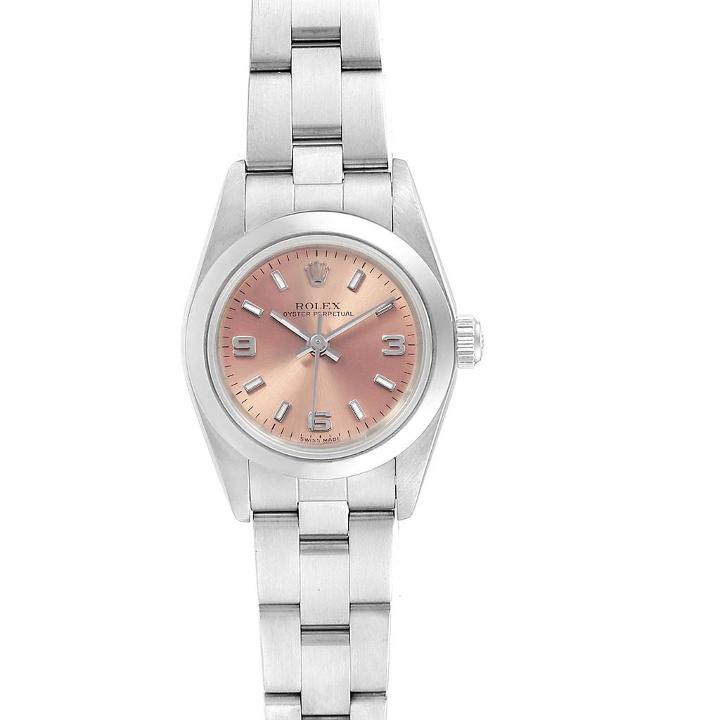 The image shows a front view of the Rolex Oyster Perpetual 76080 Women's Stainless Steel Pink Dial 76080 Women's Stainless Steel Pink Dial watch, highlighting its dial, bezel, and bracelet.