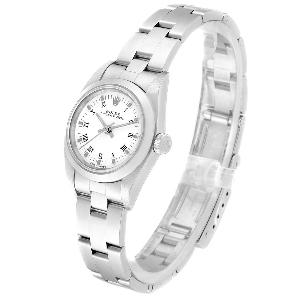 This image shows a side angle view of the Rolex Oyster Perpetual 76080 Women
s Stainless Steel White Dial 76080 Women
s Stainless Steel White Dial watch, highlighting its face, bezel, and bracelet.