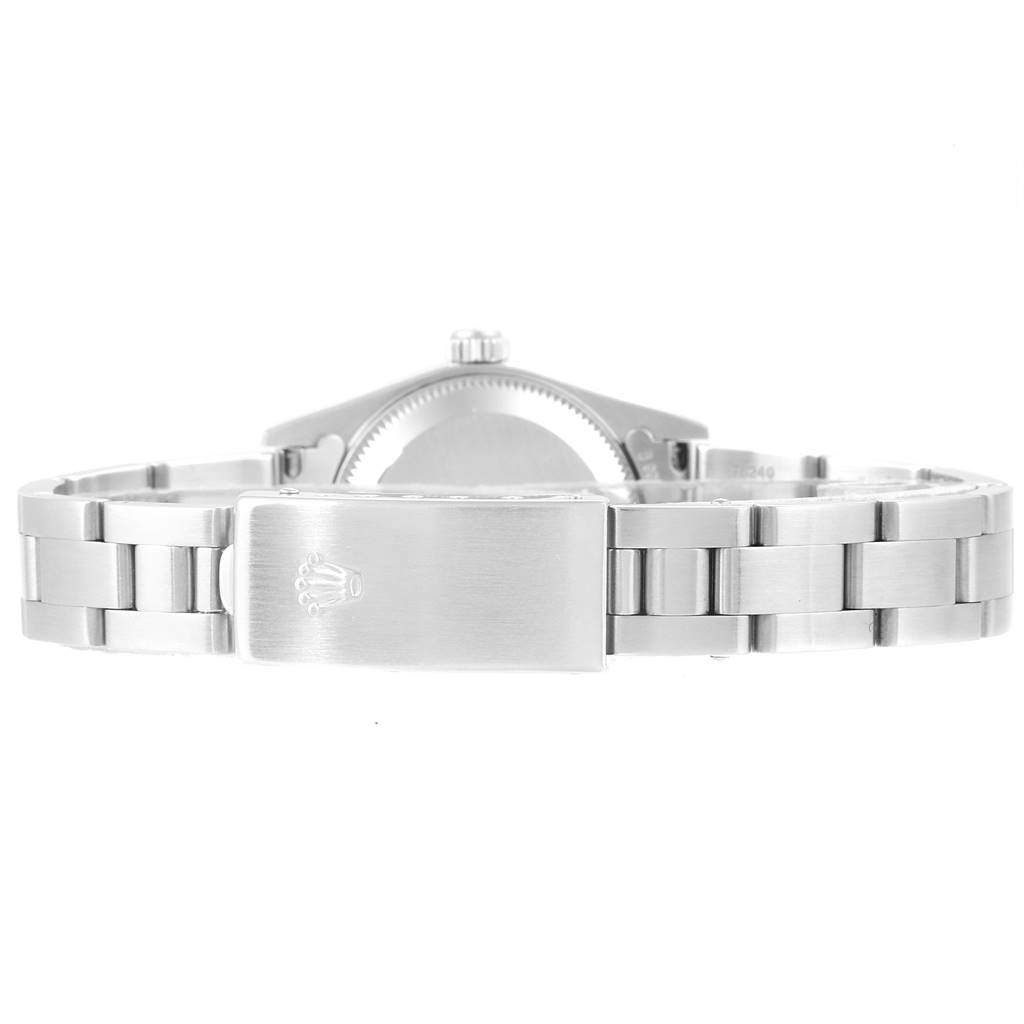This image shows the back view of the strap and clasp of a Rolex Oyster Perpetual 76080 Women
s Stainless Steel White Dial 76080 Women
s Stainless Steel White Dial watch.