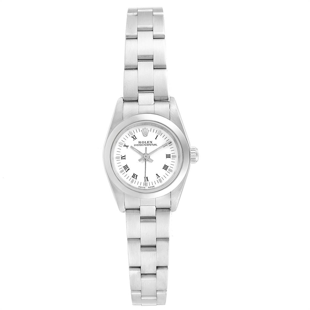 The Rolex Oyster Perpetual 76080 Women
s Stainless Steel White Dial 76080 Women
s Stainless Steel White Dial watch is shown from a top-down angle, displaying its face, bezel, and bracelet.