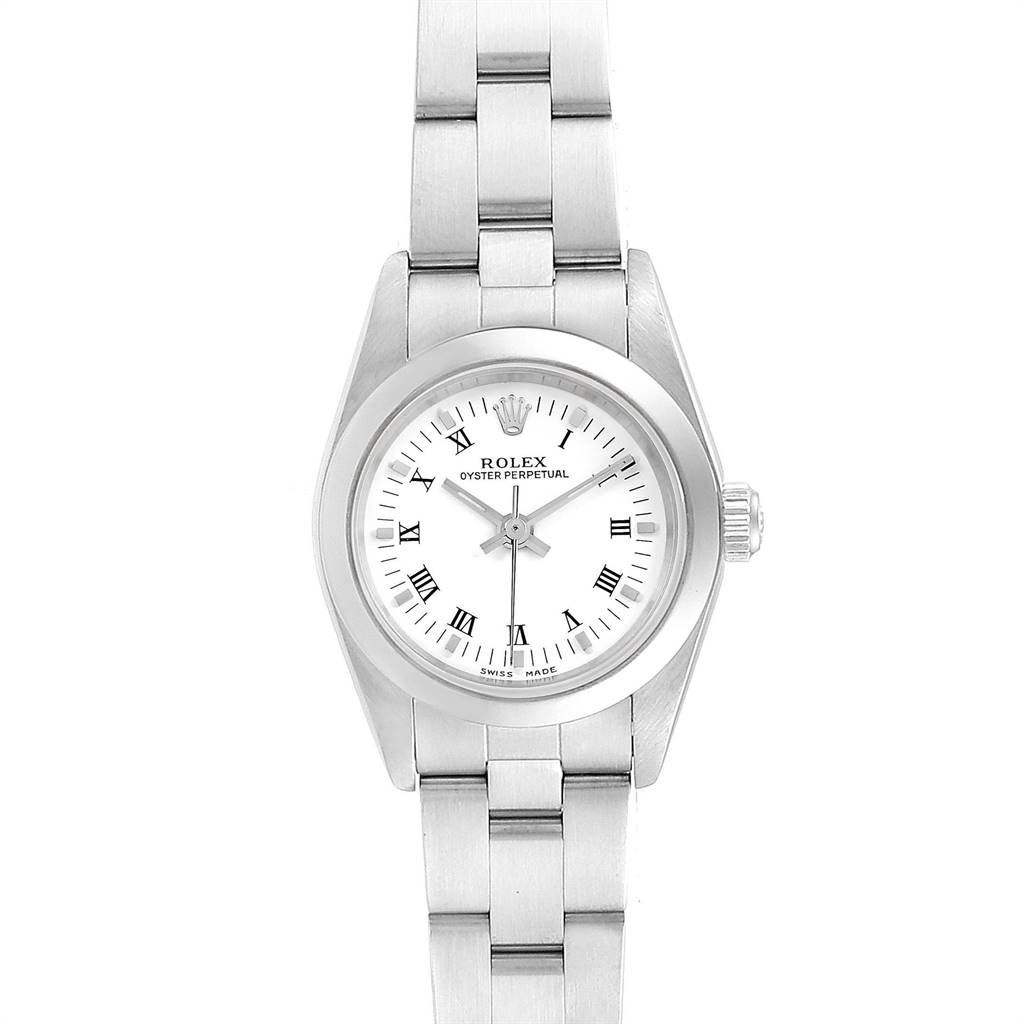 The image shows a frontal view of a Rolex Oyster Perpetual 76080 Women
s Stainless Steel White Dial 76080 Women
s Stainless Steel White Dial watch, displaying its face, bezel, and bracelet.