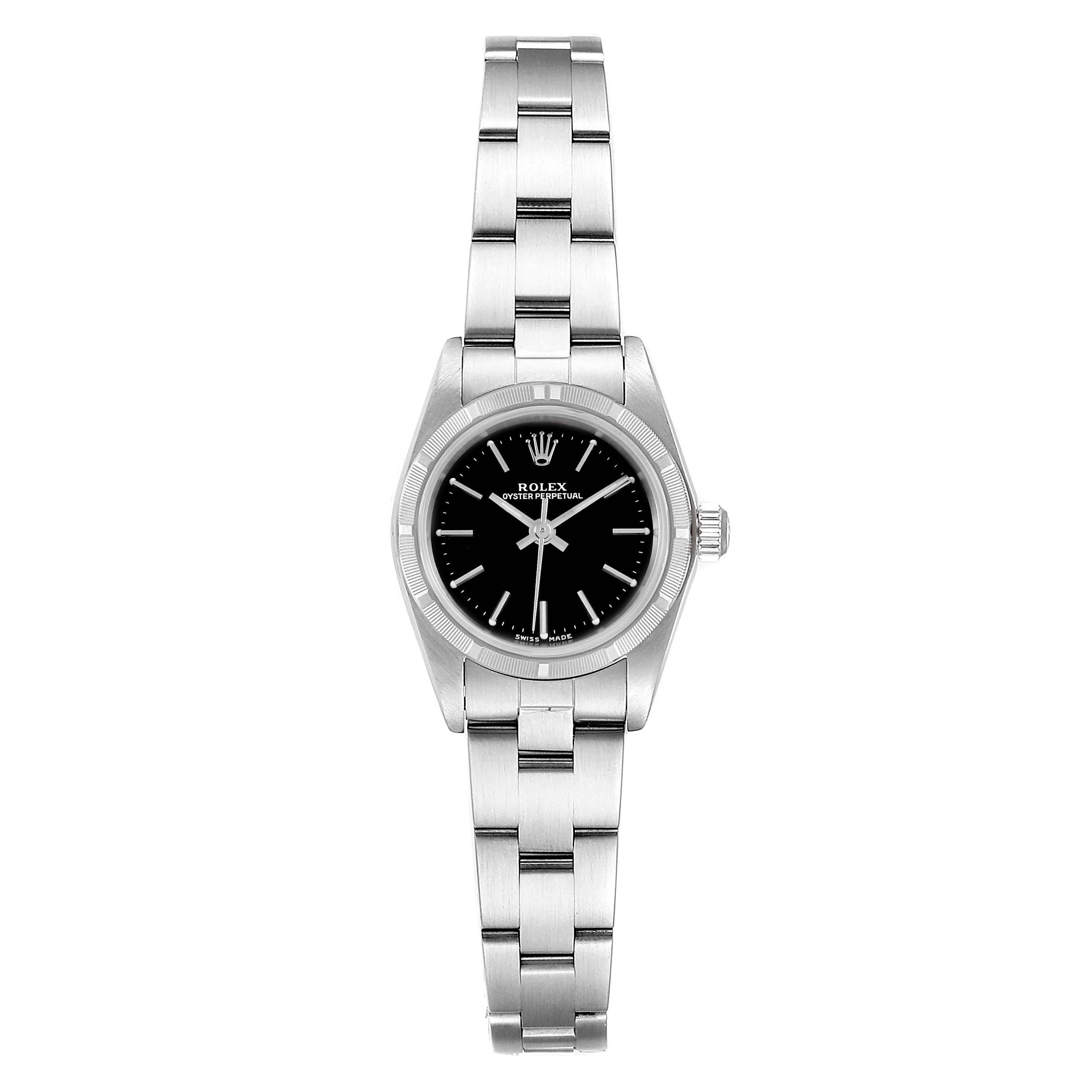This image shows a frontal view of a Rolex Oyster Perpetual 76030 Women's Stainless Steel Black Dial 76030 Women's Stainless Steel Black Dial watch, displaying its bracelet, case, and dial.