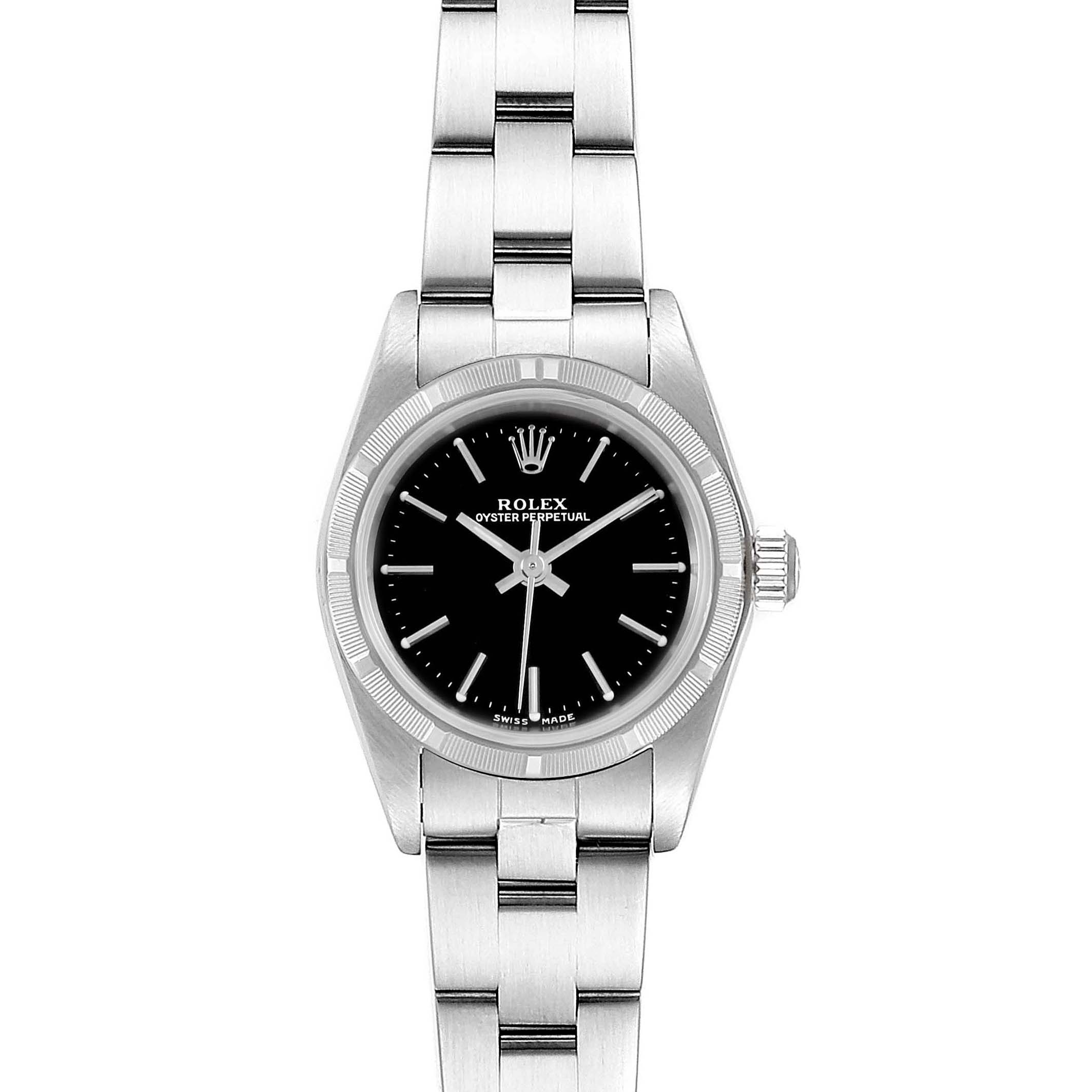 This image shows a front view of the Rolex Oyster Perpetual 76030 Women's Stainless Steel Black Dial 76030 Women's Stainless Steel Black Dial watch, displaying its black dial, bezel, and metal bracelet.