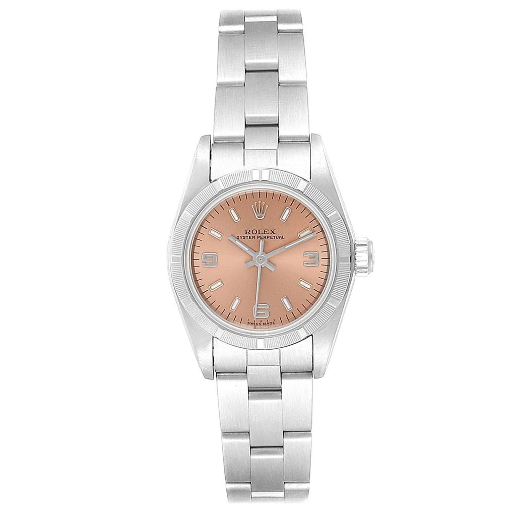 This Rolex Oyster Perpetual 67230 Women's Stainless Steel Pink Dial 67230 Women's Stainless Steel Pink Dial watch is shown from a top-down angle, displaying the dial, bezel, crown, and part of the bracelet.