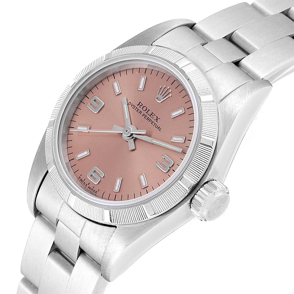 This image shows a Rolex Oyster Perpetual 67230 Women's Stainless Steel Pink Dial 67230 Women's Stainless Steel Pink Dial watch from a front angle, displaying the dial, bezel, and bracelet.
