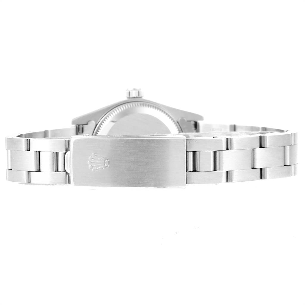 The image shows the clasp and bracelet of a Rolex Oyster Perpetual 76080 Women's Stainless Steel Pink Dial 76080 Women's Stainless Steel Pink Dial watch from a rear angle.