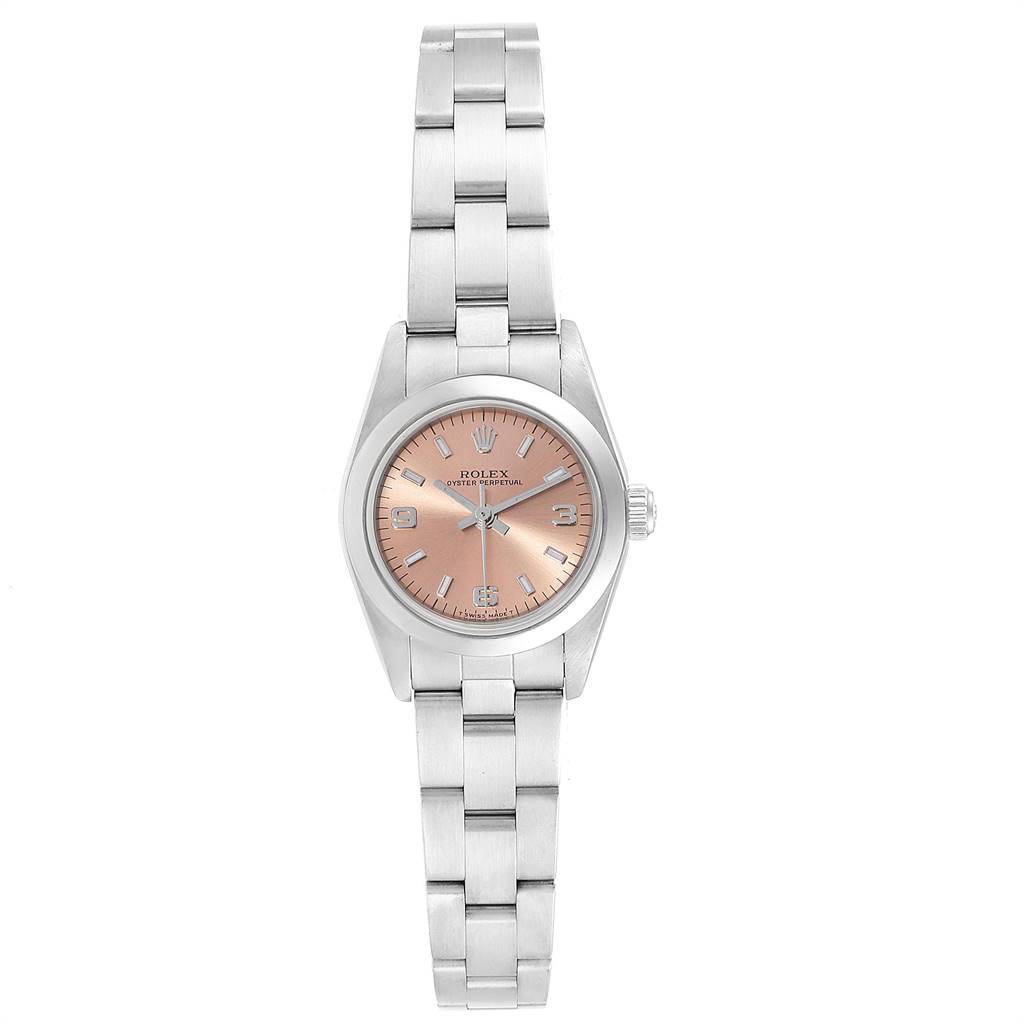 This image shows the front view of a Rolex Oyster Perpetual 76080 Women's Stainless Steel Pink Dial 76080 Women's Stainless Steel Pink Dial watch, highlighting the dial, bracelet, and case.