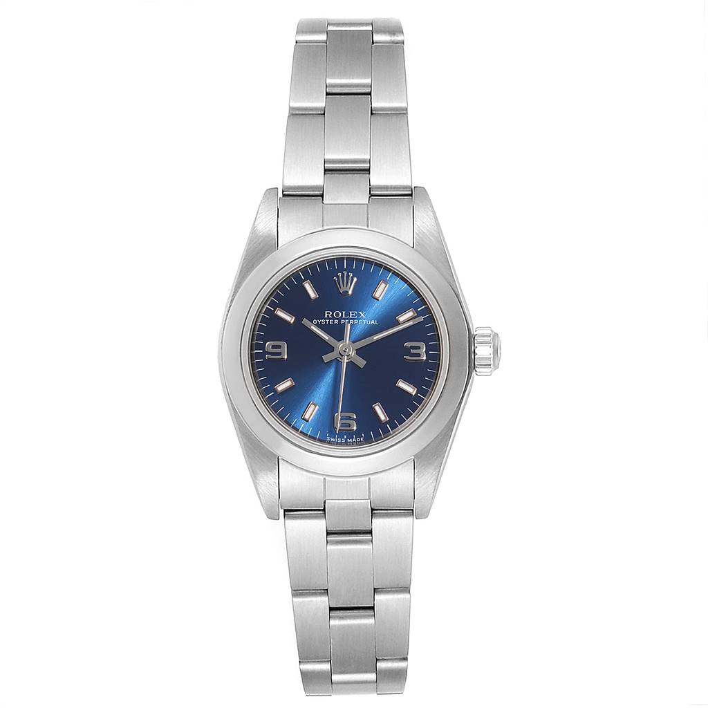 The image shows a frontal view of a Rolex Oyster Perpetual 76080 Women
s Stainless Steel Blue Dial 76080 Women
s Stainless Steel Blue Dial watch with a blue dial and stainless steel bracelet.