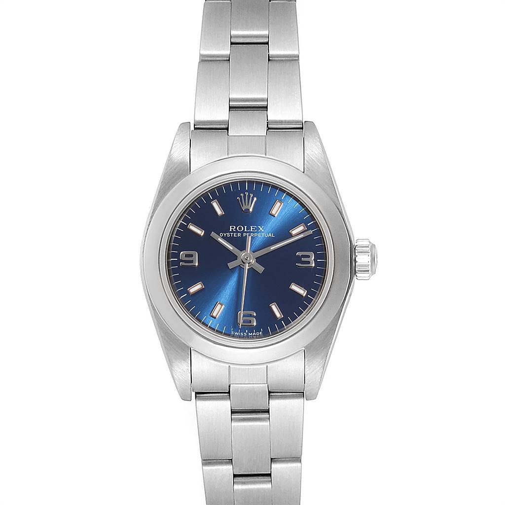 This image shows a front view of a Rolex Oyster Perpetual 76080 Women
s Stainless Steel Blue Dial 76080 Women
s Stainless Steel Blue Dial watch, highlighting the blue dial and stainless steel bracelet.