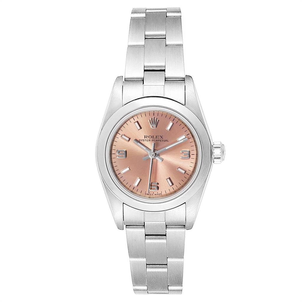 This image shows a front view of a Rolex Oyster Perpetual 76080 Women's Stainless Steel Pink Dial 76080 Women's Stainless Steel Pink Dial watch, displaying its face, crown, and bracelet.