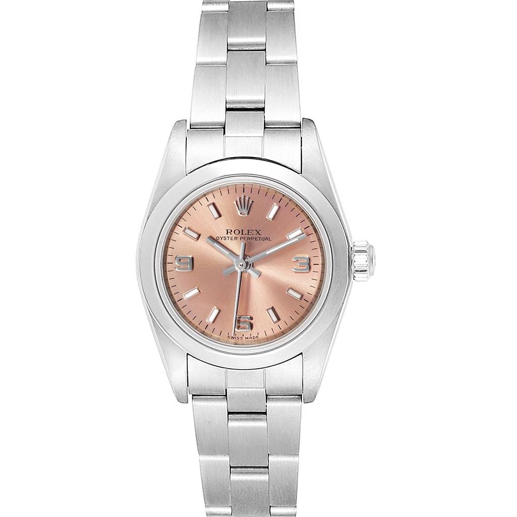 The image shows a front view of a Rolex Oyster Perpetual 76080 Women's Stainless Steel Pink Dial 76080 Women's Stainless Steel Pink Dial watch, featuring its dial, bezel, and bracelet.