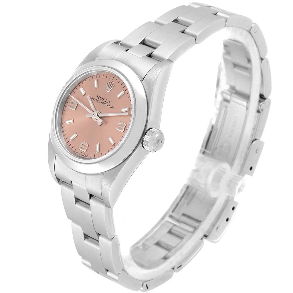 This image shows a Rolex Oyster Perpetual 76080 Women's Stainless Steel Pink Dial 76080 Women's Stainless Steel Pink Dial watch angled to display the face, bracelet, and crown.